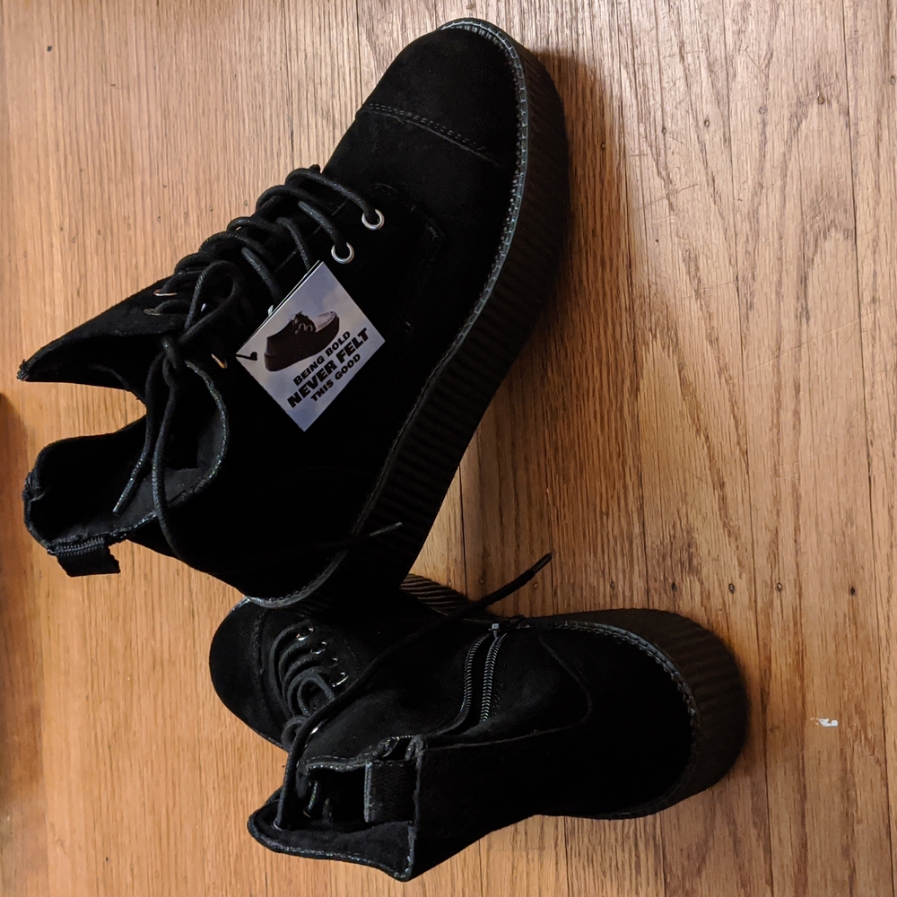 t.u.k. ViVa creeper mondo boots— black suede, silver eyelets, black inner zipper